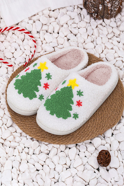 White Fuzzy Christmas Tree Pattern Home Slippers-Shoes & Bags-MomFashion