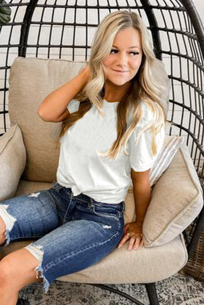 White Solid Color Crew Neck Tee-Tops-MomFashion