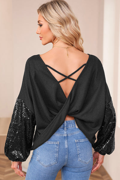 Black Sequin Patchwork Sleeve Open Back Waffle Knit Top-Tops-MomFashion