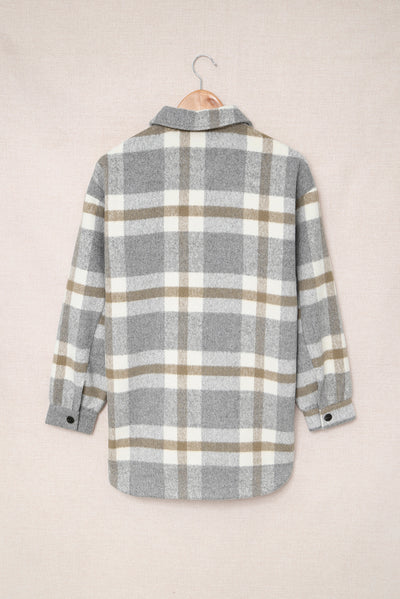 Brown Plaid Print Pocket Women Shacket-Outerwear-MomFashion