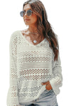 White Hollow Out Crochet V Neck Pullover Sweater-Swimwear-MomFashion