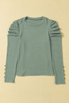 Green Buttoned Puff Long Sleeve Sheath Top-Tops-MomFashion