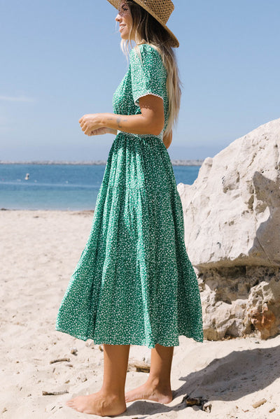 Green Floral Print Lace Splicing Flared High Waist Midi Dress-Dresses-MomFashion