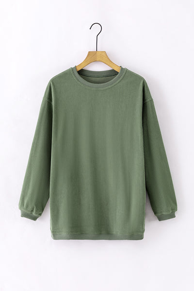 Green Ribbed Corded Oversized Sweatshirt-Tops-MomFashion