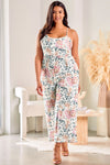 White Plus Size Floral Print Sleeveless Wide Leg Jumpsuit-Plus Size-MomFashion