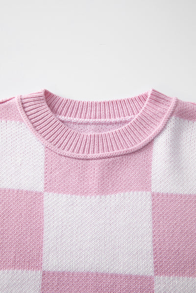 Pink Checkered Bishop Sleeve Sweater-Tops-MomFashion