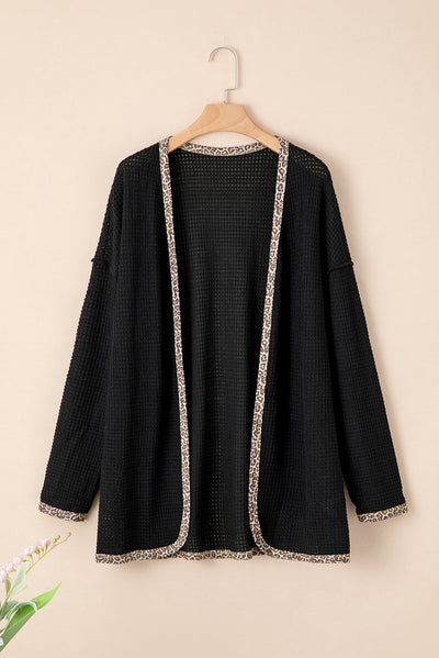 Black Leopard Contrast Waffle Knit Open Front Cardigan-Tops-MomFashion