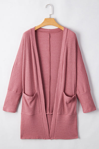 Mineral Red Solid Color Waffle Knit Cardigan with Pocket-Sweaters & Cardigans/Cardigans-MomFashion