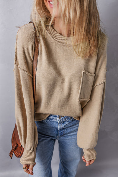 Apricot Raw Edge Patch Pocket Exposed Seam Loose Sweater-Tops-MomFashion