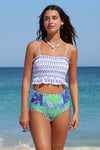 Blue Printed Smocked High waisted swimsuits-Swimwear-MomFashion