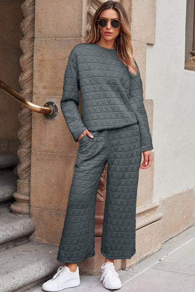 Dark Grey Solid Quilted Pullover and Pants Outfit-Loungewear-MomFashion