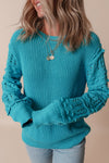 Turquoise Ruffled Eyelet Bubble Sleeve Sweater-Sweaters & Cardigans/Sweaters-MomFashion