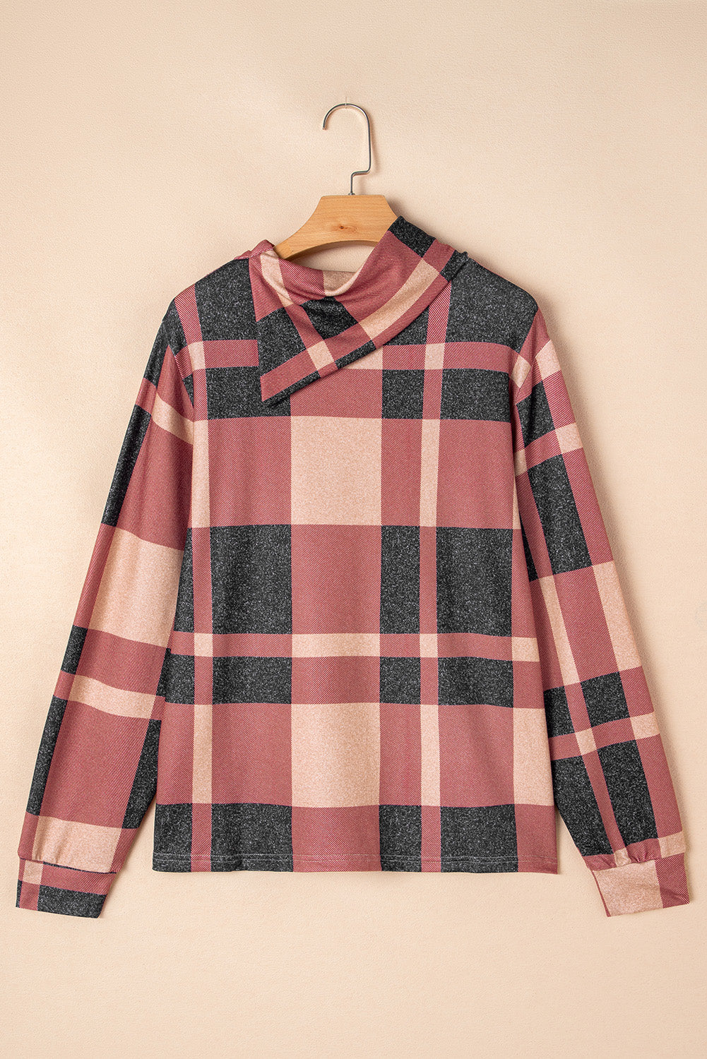 Mineral Red Plus Size Plaid Print Button Decor Asymmetric Neck Top-Plus Size-MomFashion