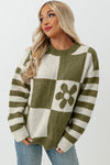 Green Checkered Floral Print Striped Sleeve Sweater-Tops-MomFashion