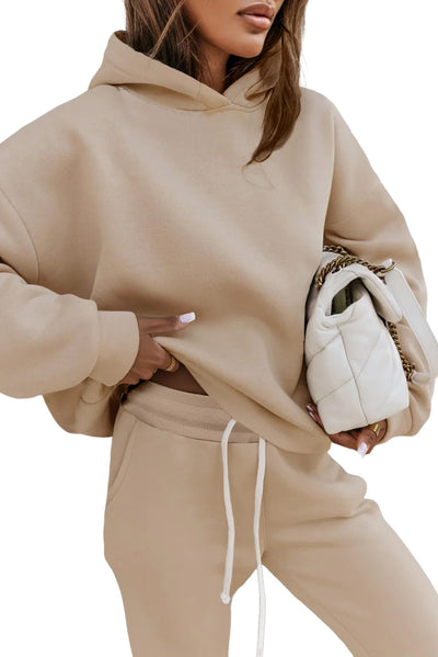 Pale Khaki Chunky Two-piece Hooded Sweatsuit-Loungewear-MomFashion