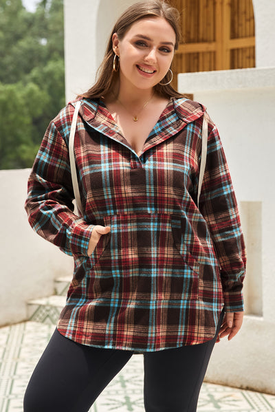 Red Plus Size Plaid Kangaroo Pocket Drawstring Hoodie-Plus Size-MomFashion