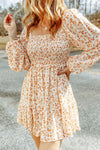 Apricot Boho Floral Smocked Puff Sleeve Mini Dress-Dresses-MomFashion