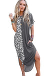 Gray Contrast Solid Leopard Short Sleeve T-shirt Dress with Slits-Dresses-MomFashion