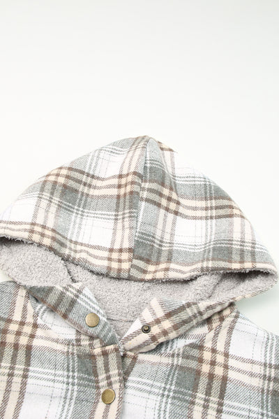 Gray Plaid Pattern Sherpa Lined Hooded Shacket-Outerwear-MomFashion