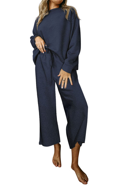 Navy Blue Ultra Loose Textured 2pcs Slouchy Outfit-Loungewear-MomFashion