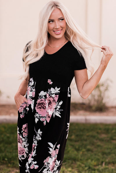 Black Contrast Floral Empire Waist Maxi Dress-Dresses-MomFashion