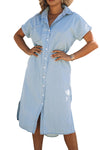 Sky Blue Chambray Shirt Short Sleeves Midi Dress-Dresses-MomFashion