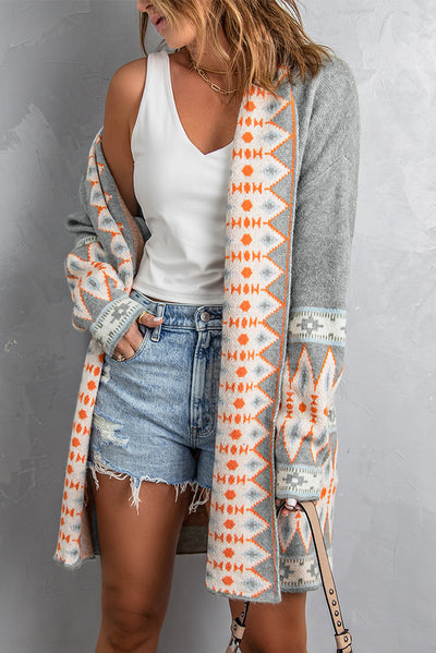 Gray Aztec Print Open Front Knitted Cardigan-Tops-MomFashion