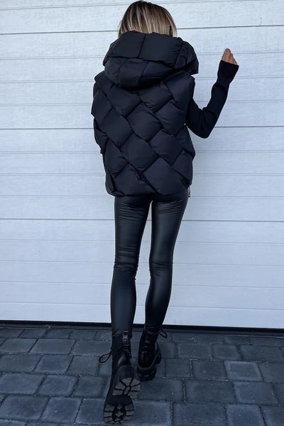 Black Quilted Zipper Front Hooded Vest Coat-Outerwear-MomFashion