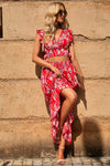 Fiery Red Multicolor Floral Ruffled Crop Top and Maxi Skirt Set-Dresses-MomFashion