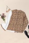 Khaki Leopard Contrast Half Button Casual Blouse-Tops-MomFashion