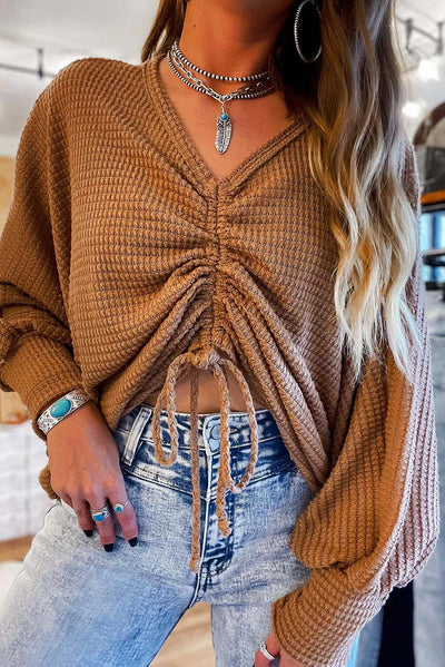 Brown V-Neck Drawstring Dolman Sleeve Waffle Knit Top-Tops-MomFashion