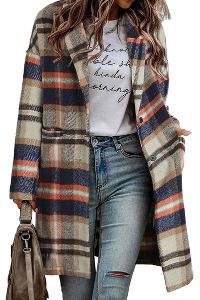 Khaki Plaid Button Up Lapel Jacket-Outerwear-MomFashion