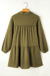 Green Frayed Trim Split Neck Puff Sleeve Flared Dress-Dresses-MomFashion