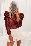 Burgundy Sequin Mock Neck Bubble Sleeve Top-Tops-MomFashion