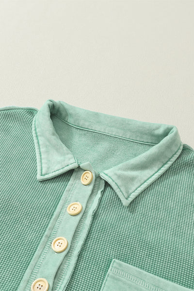 Laurel Green Waffle Exposed Seam Pocket Henley Sweatshirt-Tops-MomFashion