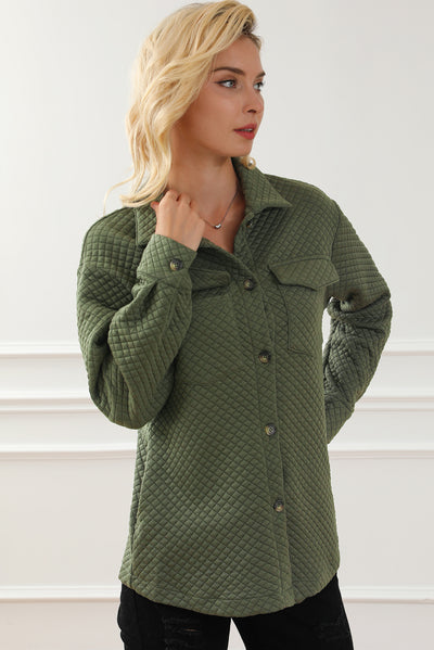 Green Retro Quilted Flap Pocket Button Shacket-Outerwear-MomFashion