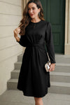 Black Twist Front Tie Back Long Sleeve Satin Dress-Dresses-MomFashion