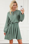 Jungle Green Button Neck Puff Sleeve Belted Pleated Mini Dress-Dresses-MomFashion