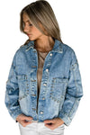 Sky Blue Studded Acid Wash Denim Jacket-Outerwear-MomFashion