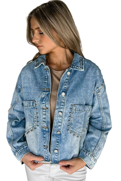 Sky Blue Studded Acid Wash Denim Jacket-Outerwear-MomFashion