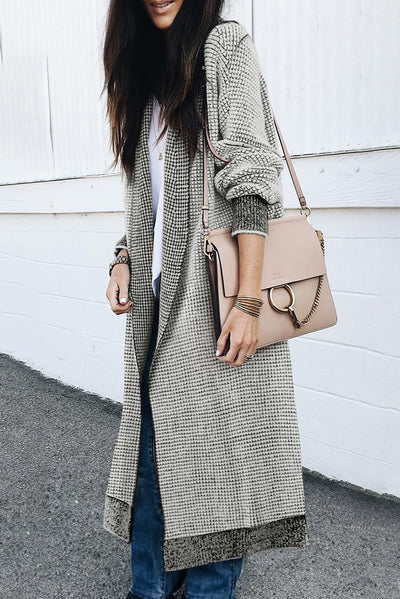 Gray Textured Knit Pocketed Duster Cardigan-Tops-MomFashion