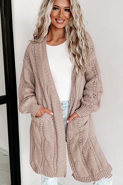 Apricot Ribbed Trim Eyelet Cable Knit Cardigan-Tops-MomFashion