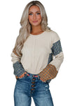 Smoke Gray Plaid Patchwork Raw Seam Long Sleeve Top-Tops-MomFashion