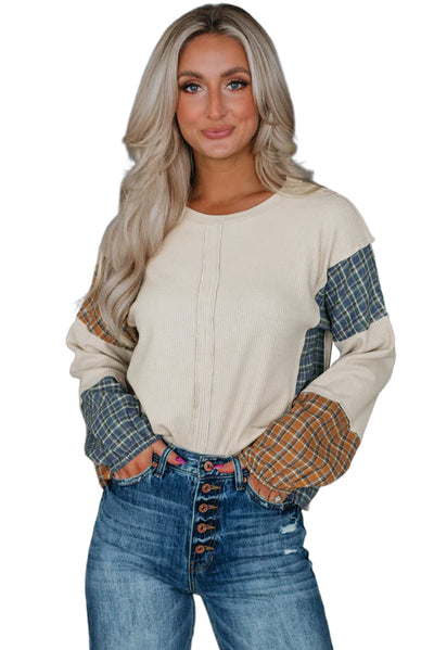 Smoke Gray Plaid Patchwork Raw Seam Long Sleeve Top-Tops-MomFashion