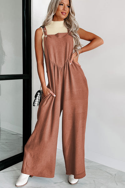 Gold Flame Textured Buttoned Straps Ruched Wide Leg Jumpsuit-Bottoms-MomFashion