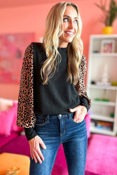 Black Leopard Print Long Sleeve Ribbed Knit Blouse-Tops-MomFashion