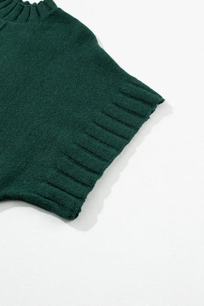 Blackish Green Mock Neck Batwing Short Sleeve Knit Sweater-Tops-MomFashion