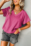 Bright Pink Crinkled V Neck Wide Sleeve T-shirt-Tops-MomFashion