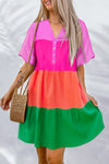 Multicolor Color Block Tiered Puff Sleeve Dress-Dresses-MomFashion