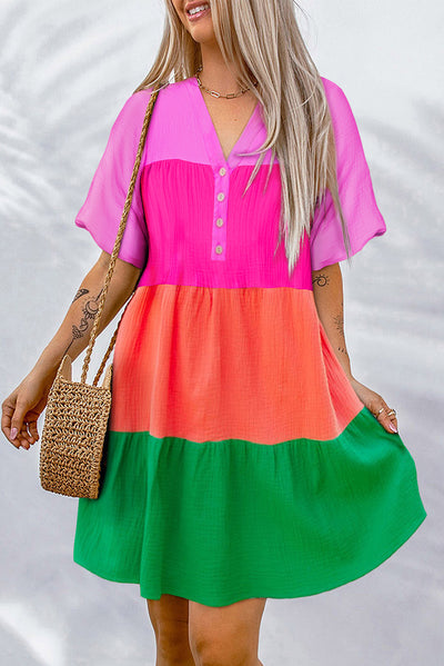 Multicolor Color Block Tiered Puff Sleeve Dress-Dresses-MomFashion